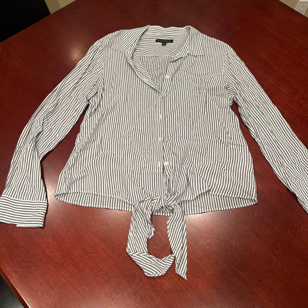 Banana Republic Blue & White Striped Button Down Shirt with Tie Front